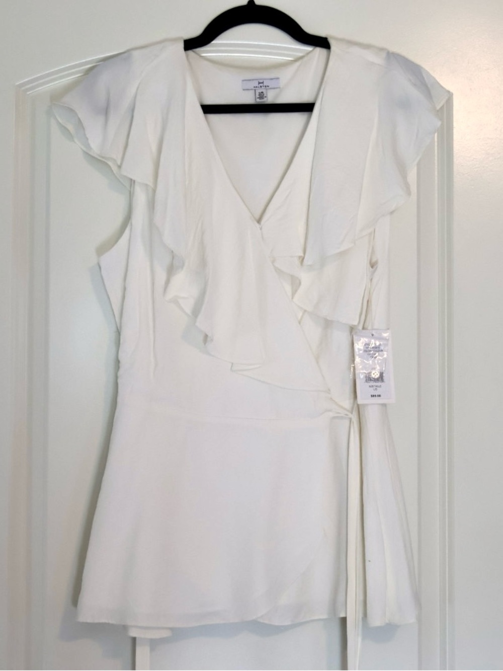 NWT Halston White Wrap Top with Ruffle Collar - Large
